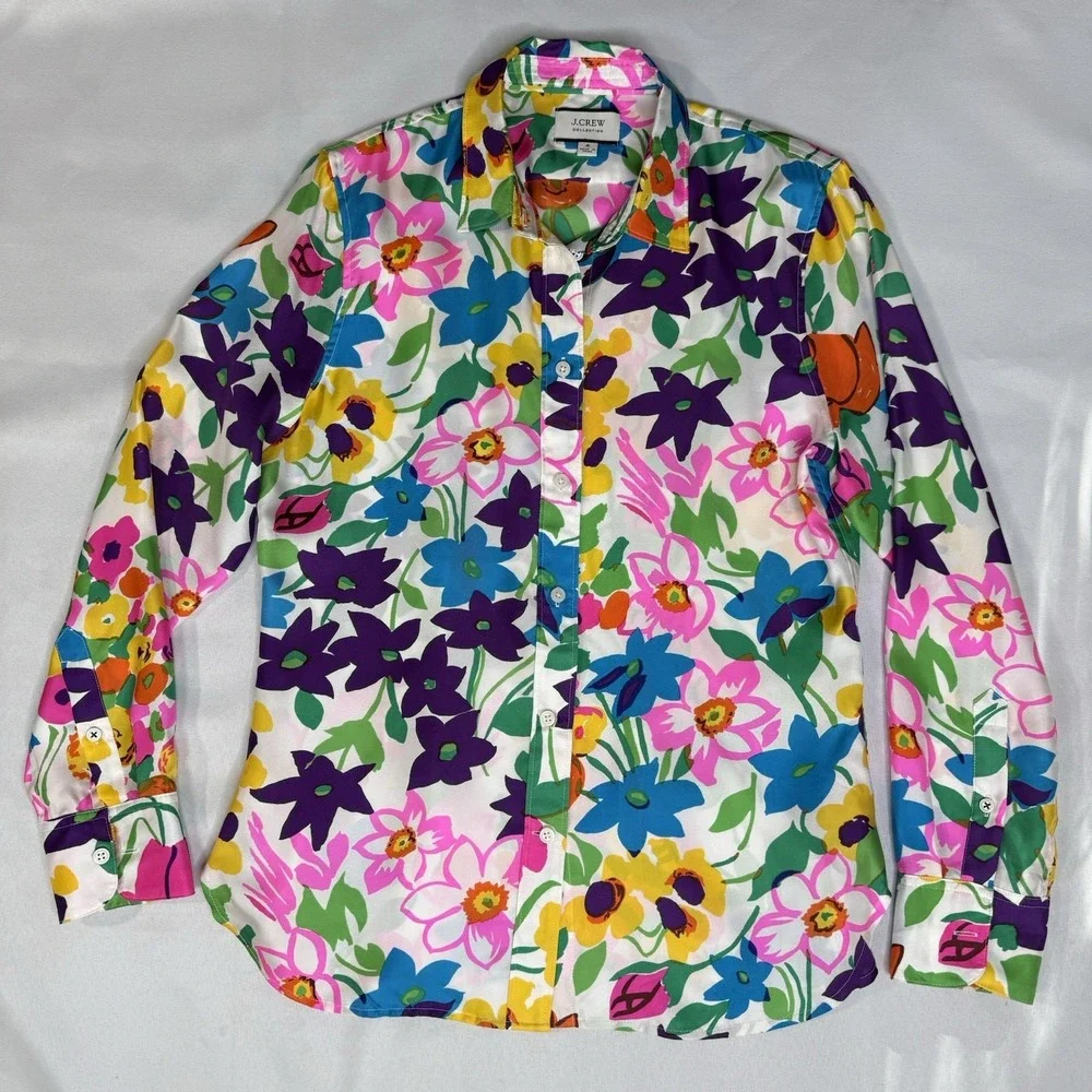 J.Crew Collection 6 Women Spring Silk Floral Button Down Shirt Bold Vibrant Fun - Picture 2 of 10